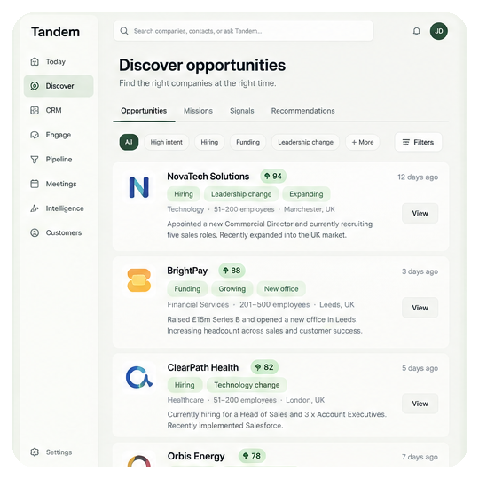 Tandem Discover opportunities screen
